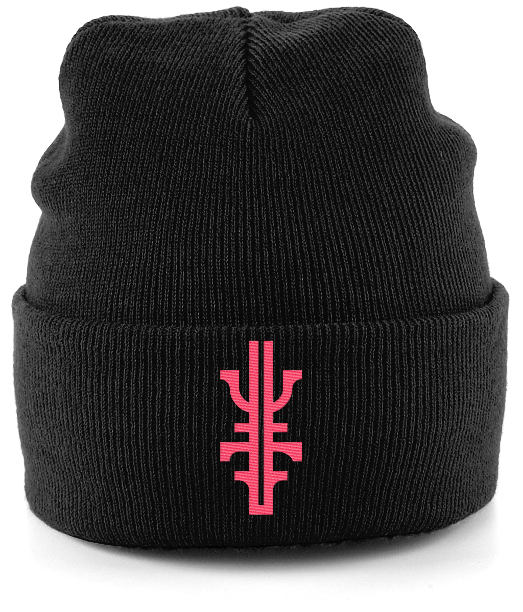 Black Cuffed Beanie with Neon Pink Embroidered Logo