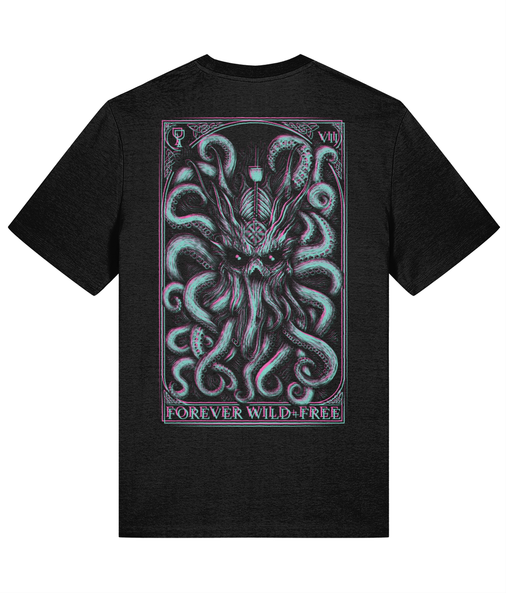 The Decorated Kraken Black T-Shirt with Blue and Pink 3D Effect Artwork