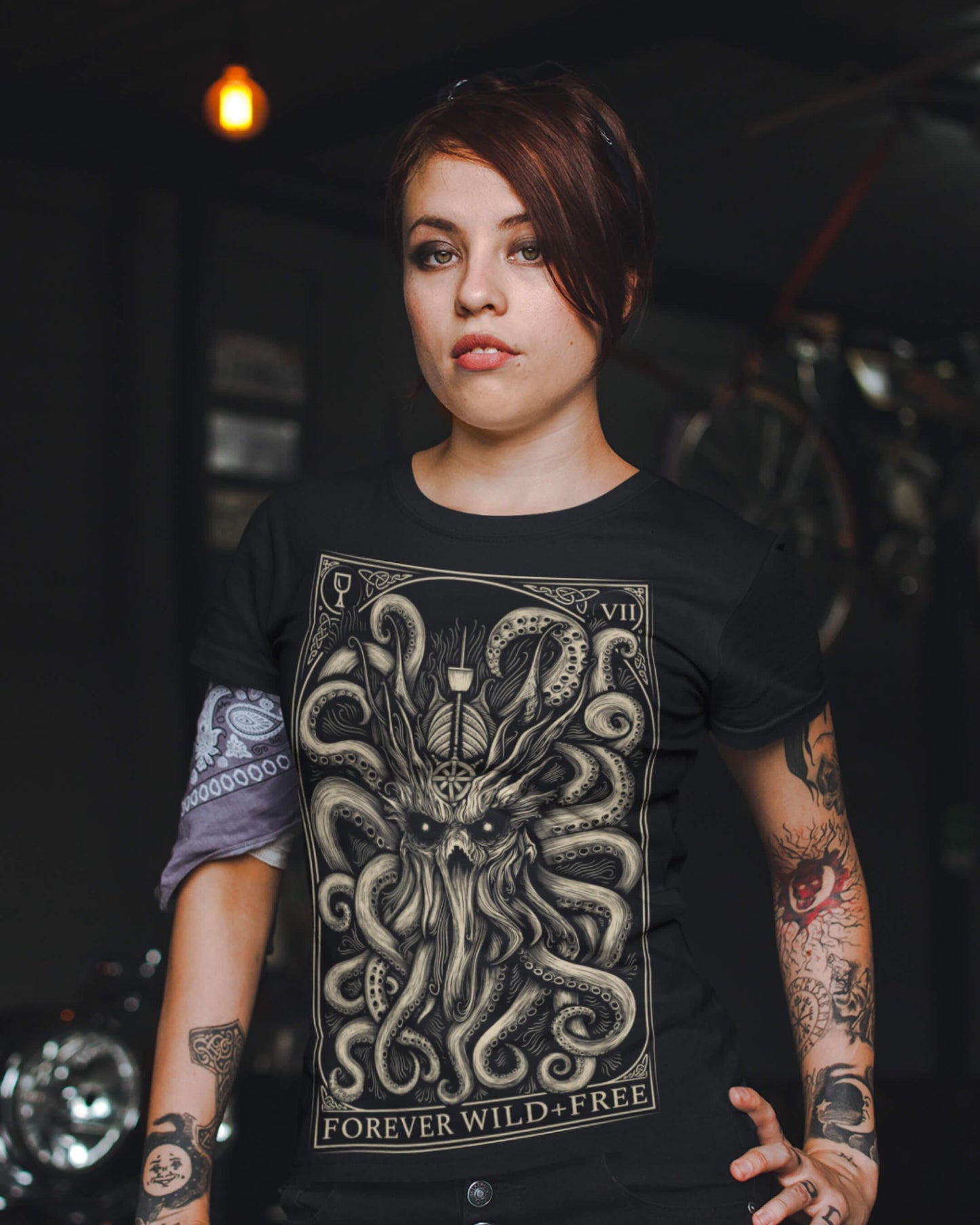 The Decorated Kraken black T Shirt front print - Wild and Free Occult Art and Clothing