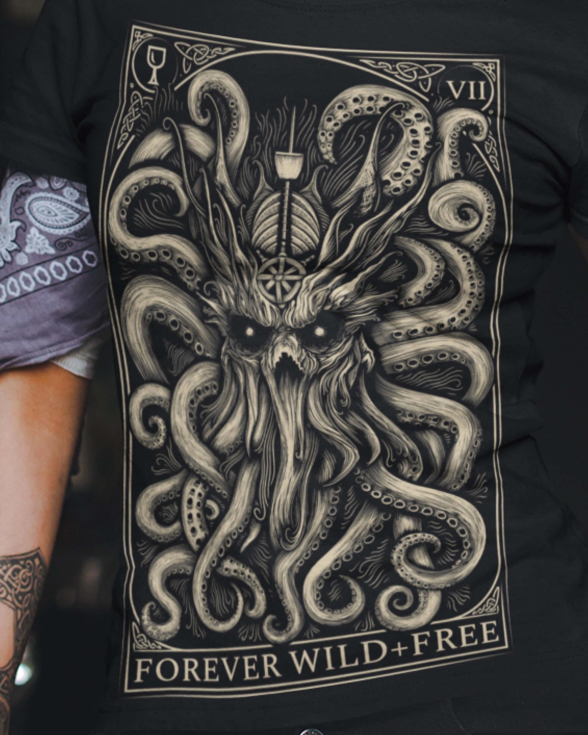 The Decorated Kraken black T Shirt front print - Wild and Free Occult Art and Clothing