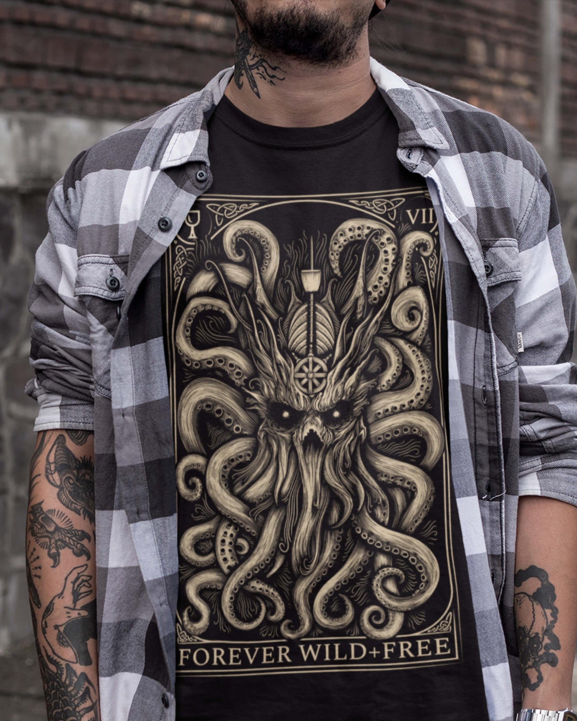 The Decorated Kraken black T Shirt front print - Wild and Free Occult Art and Clothing