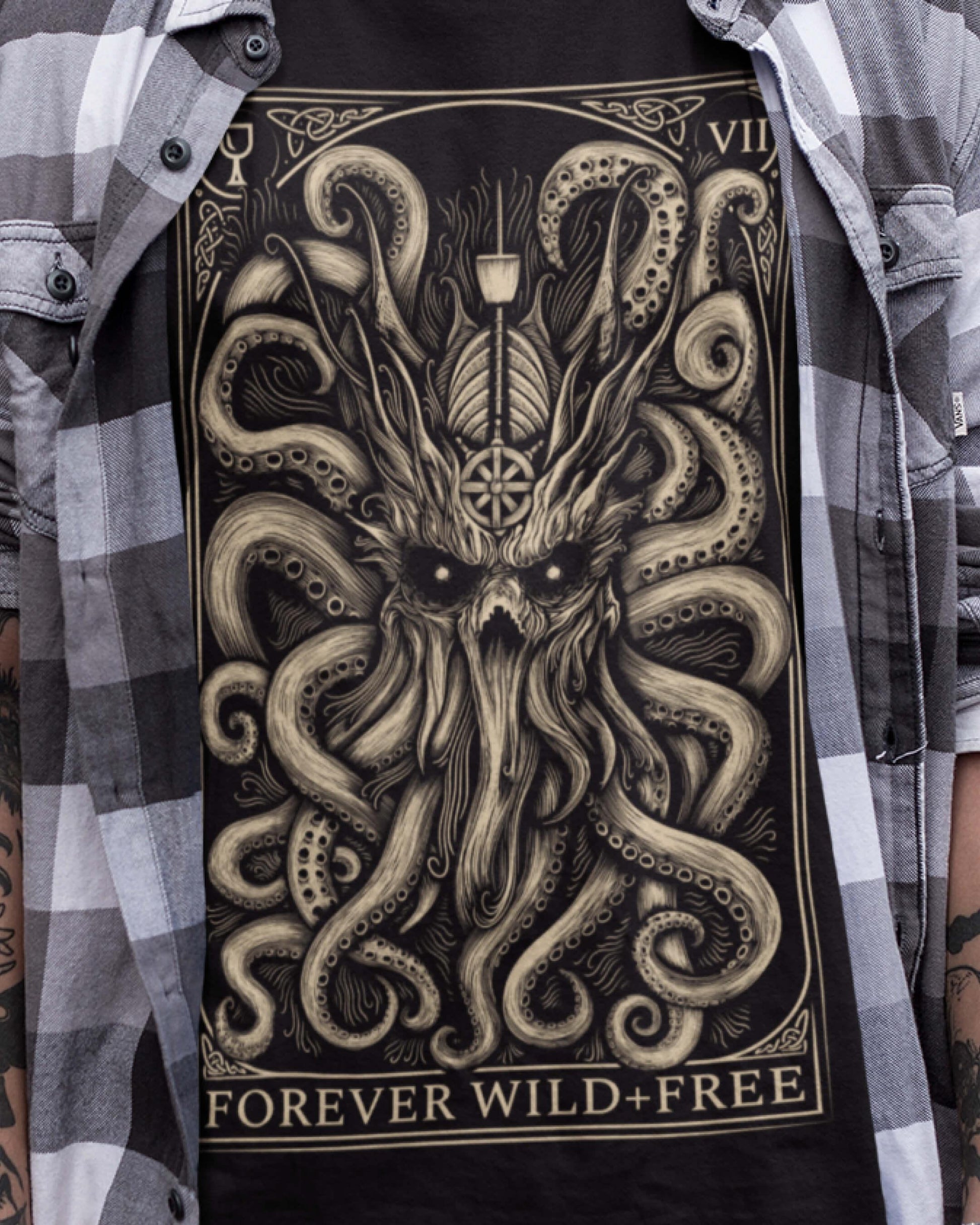 The Decorated Kraken black T Shirt front print - Wild and Free Occult Art and Clothing