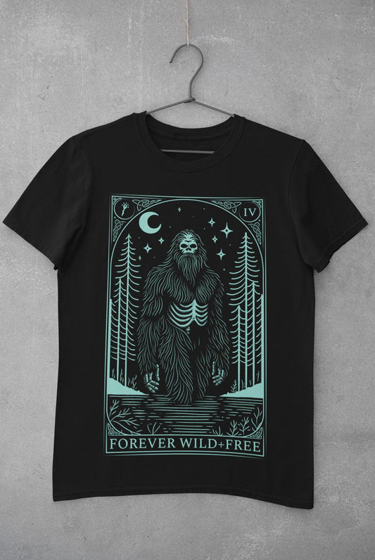 Mystic Bigfoot Tarot Style Unisex Blue on Black T-Shirt - Wild and Free Occult Art and Clothing