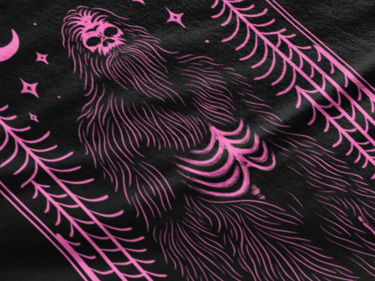 Mystic Bigfoot Tarot Style Unisex Pink on Black T-Shirt - Wild and Free Occult Art and Clothing