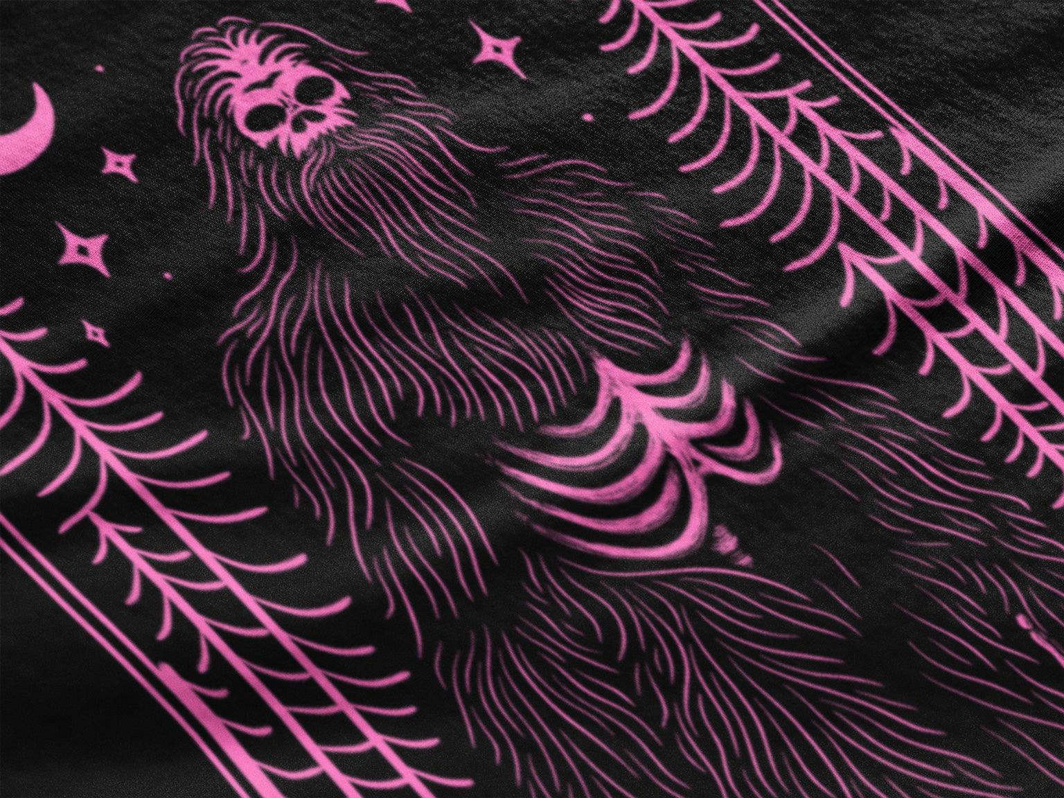 Mystic Bigfoot Tarot Style Unisex Pink on Black T-Shirt - Wild and Free Occult Art and Clothing