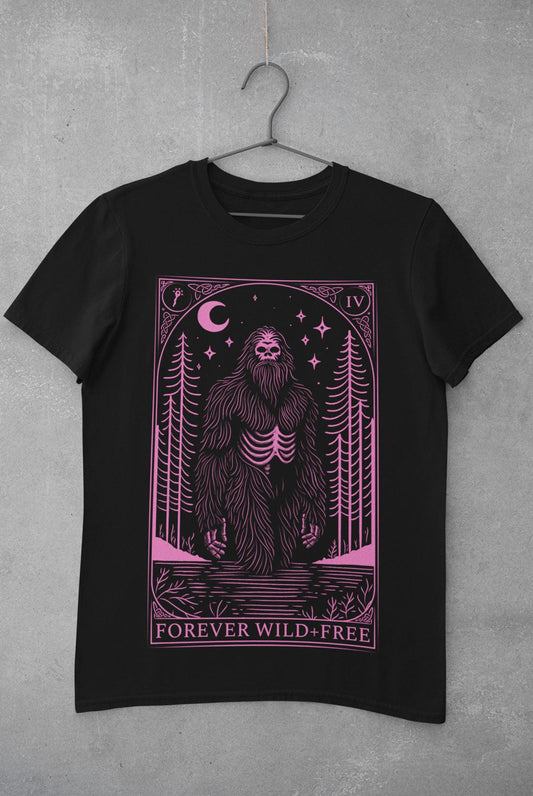 Mystic Bigfoot Tarot Style Unisex Pink on Black T-Shirt - Wild and Free Occult Art and Clothing