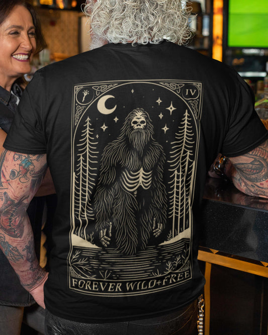 Mystic Bigfoot Tarot Style Back Print Black T-Shirt - Wild and Free Occult Art and Clothing