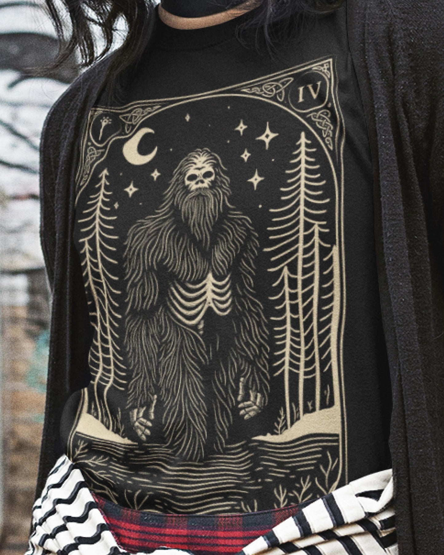 Mystic Bigfoot Tarot Style Unisex Black T-Shirt - Wild and Free Occult Art and Clothing