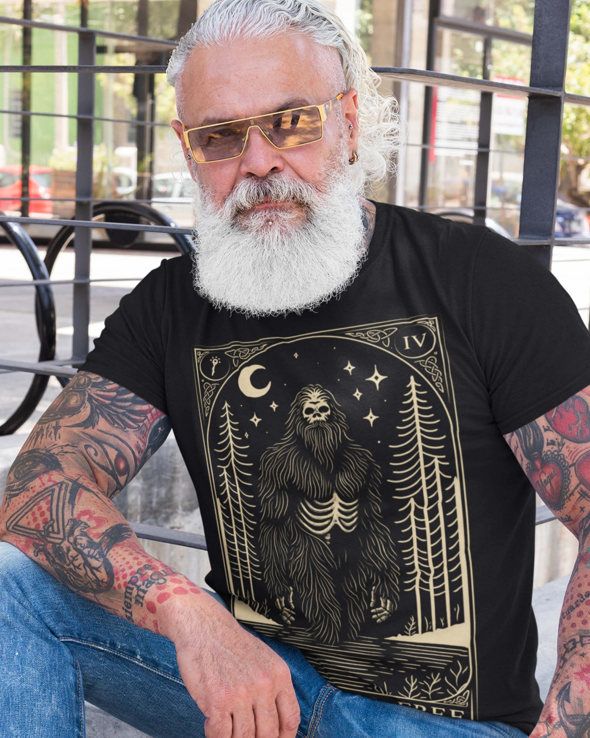 Mystic Bigfoot Tarot Style Unisex Black T-Shirt - Wild and Free Occult Art and Clothing