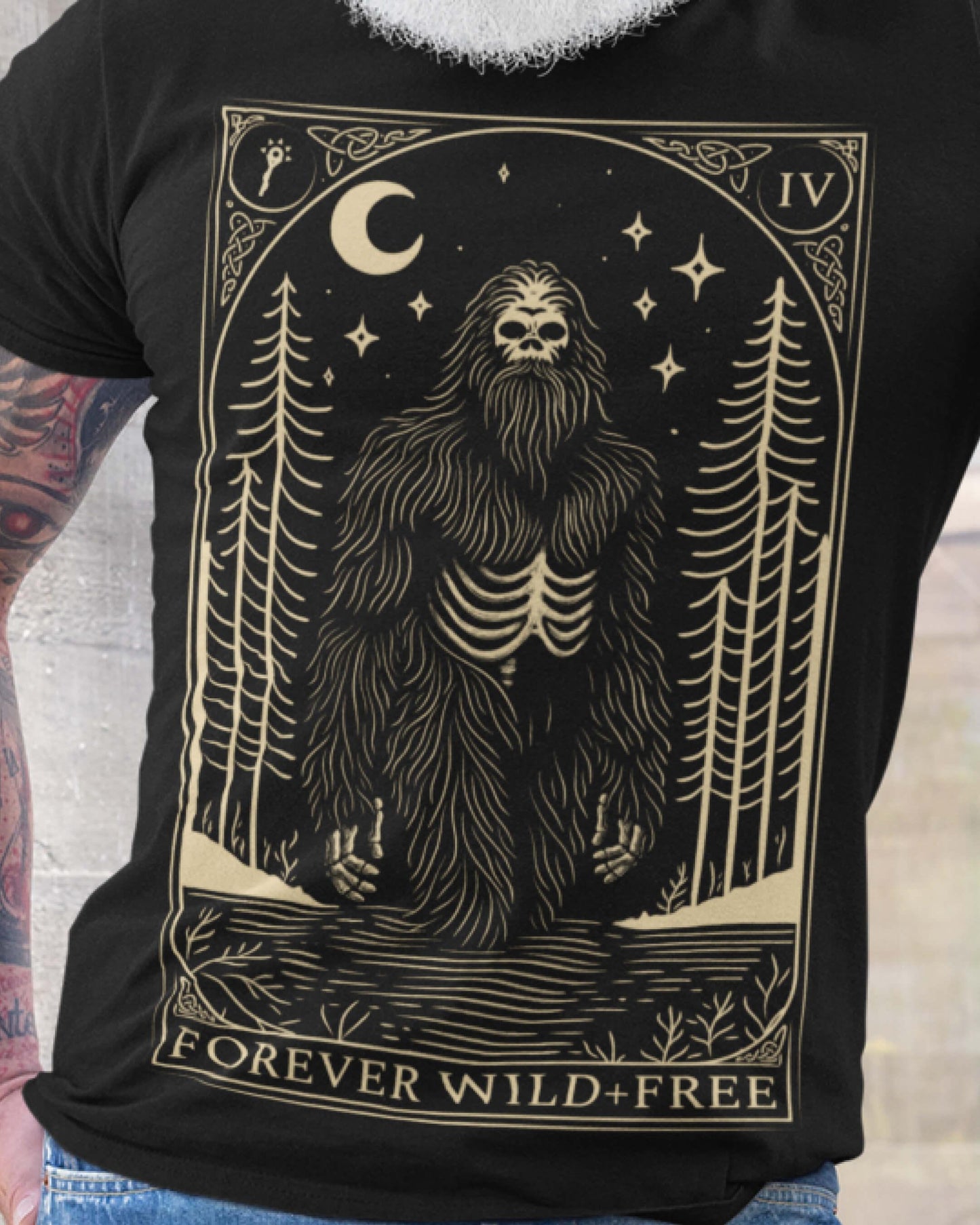 Mystic Bigfoot Tarot Style Unisex Black T-Shirt - Wild and Free Occult Art and Clothing