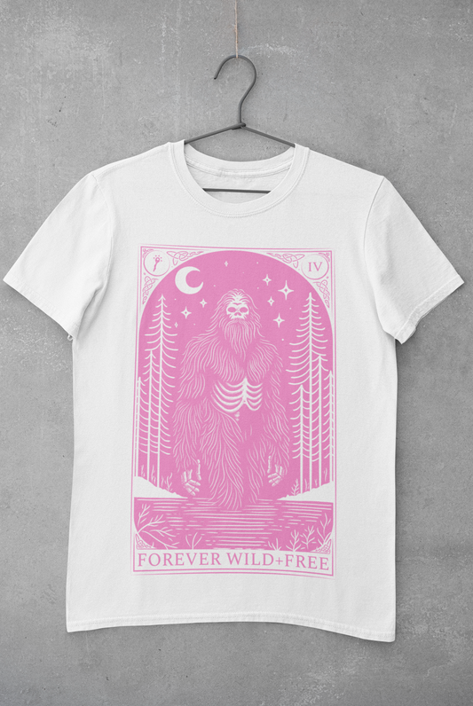 Mystic Bigfoot Tarot Style Unisex Pink on White T-Shirt - Wild and Free Occult Art and Clothing