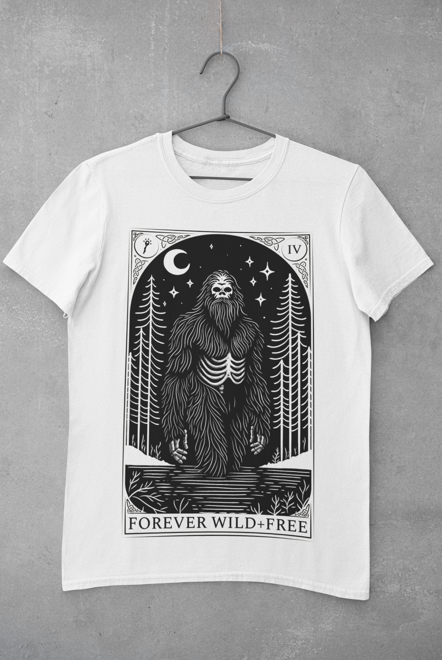 Mystic Bigfoot Tarot Style Unisex Black on White T-Shirt - Wild and Free Occult Art and Clothing