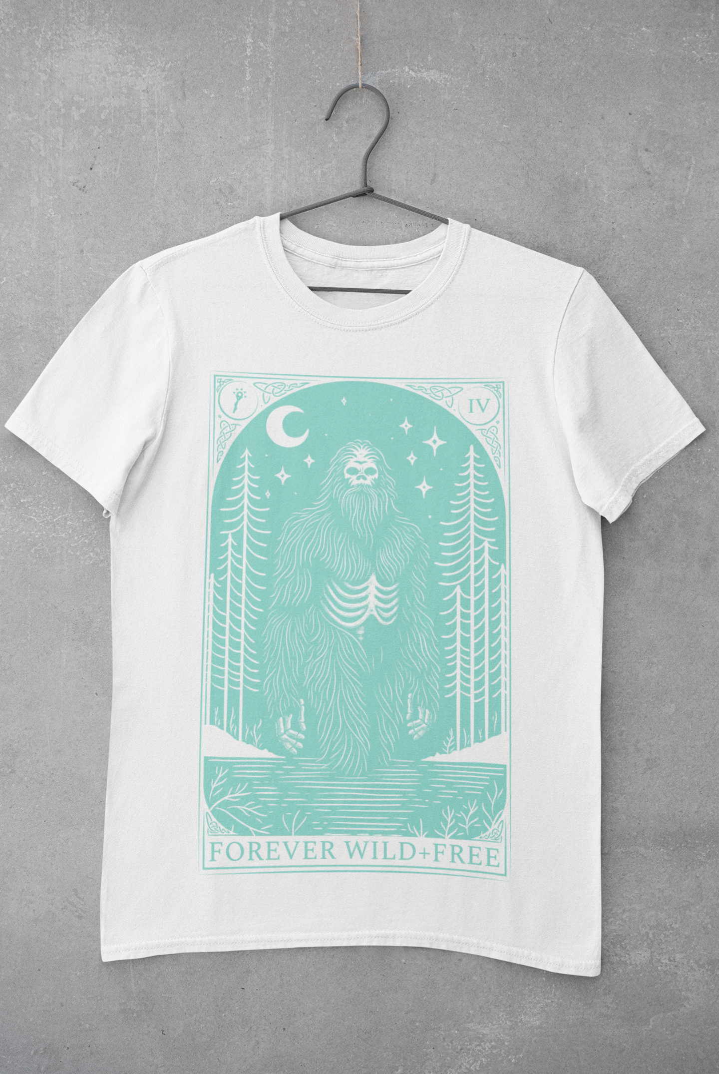 Mystic Bigfoot Tarot Style Unisex Blue on White T-Shirt - Wild and Free Occult Art and Clothing