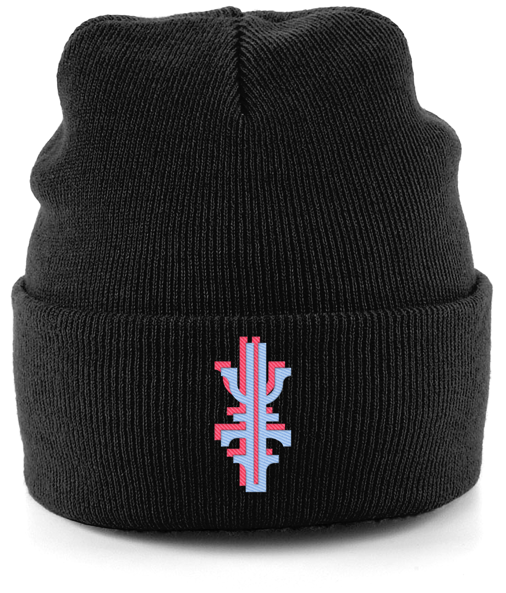 Black Cuffed Beanie with Embroidered Hot Pink and Blue 3D Effect Logo