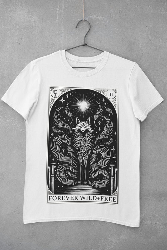 Celestial Nine Tails Tarot Style Unisex Black on White T - Shirt - Wild and Free Occult Art and Clothing