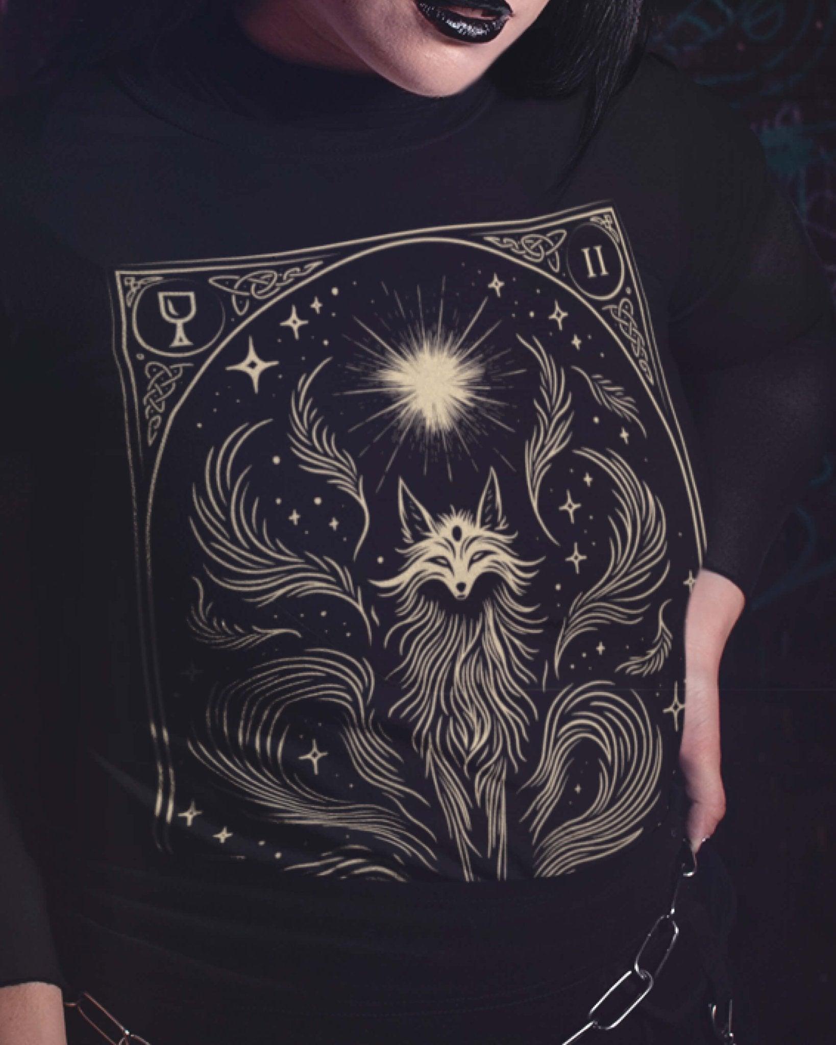 Celestial Nine Tails Tarot Style Unisex Black T - Shirt - Wild and Free Occult Art and Clothing