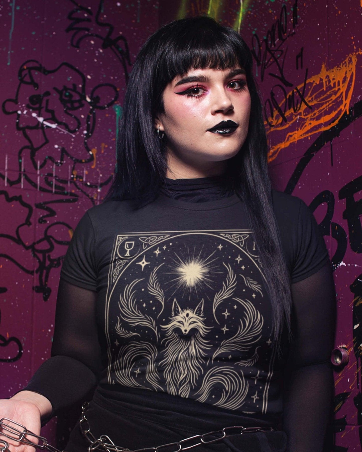 Celestial Nine Tails Tarot Style Unisex Black T - Shirt - Wild and Free Occult Art and Clothing