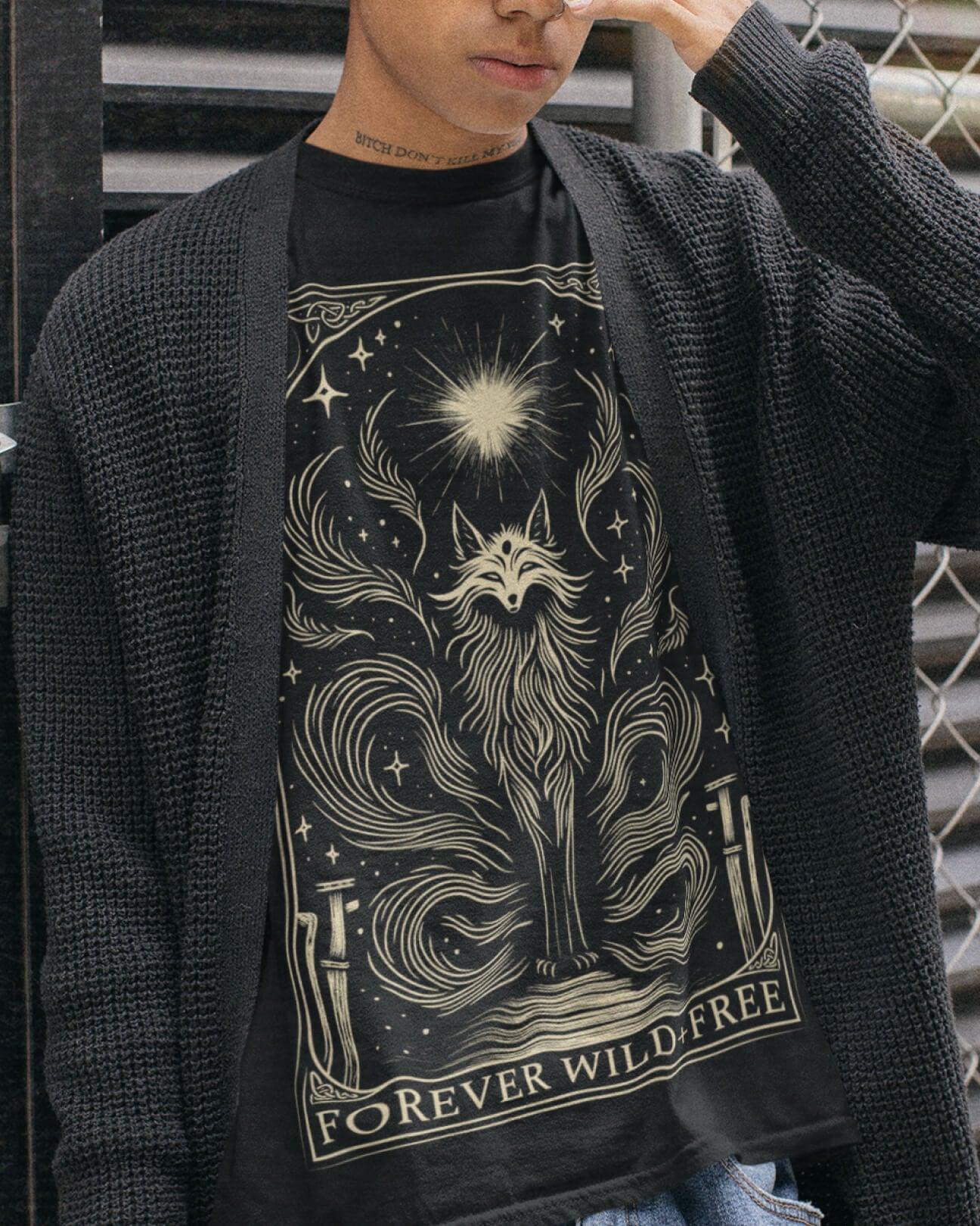 Celestial Nine Tails Tarot Style Unisex Black T - Shirt - Wild and Free Occult Art and Clothing