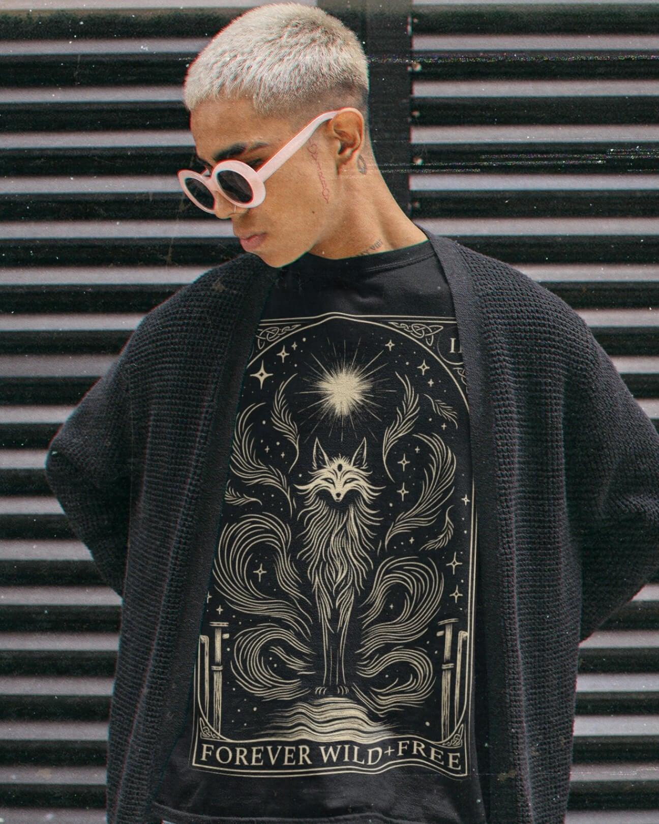 Celestial Nine Tails Tarot Style Unisex Black T - Shirt - Wild and Free Occult Art and Clothing