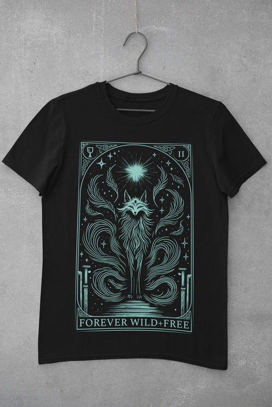 Celestial Nine Tails Tarot Style Unisex Blue on Black T - Shirt - Wild and Free Occult Art and Clothing