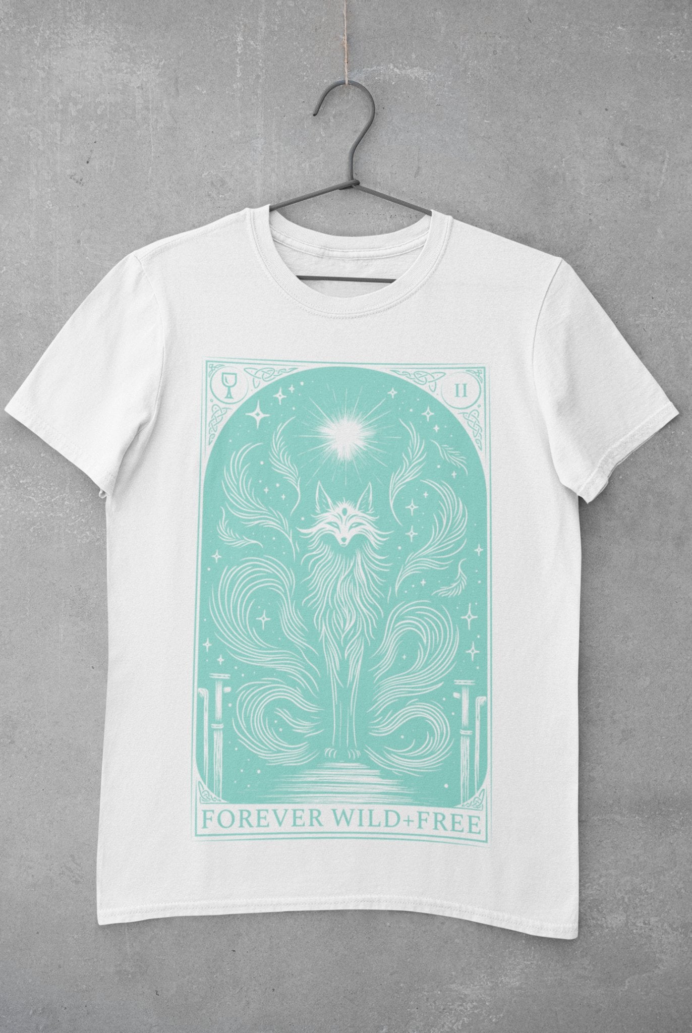 Celestial Nine Tails Tarot Style Unisex Blue on White T - Shirt - Wild and Free Occult Art and Clothing