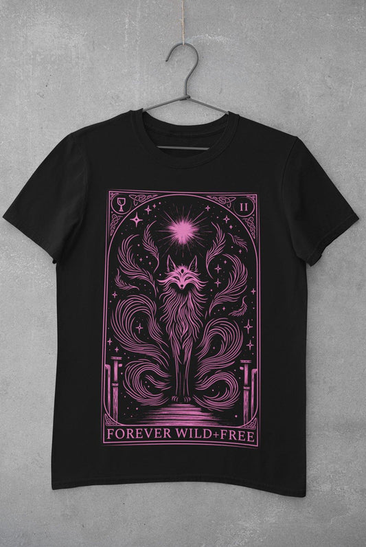 Celestial Nine Tails Tarot Style Unisex Pink on Black T - Shirt - Wild and Free Occult Art and Clothing