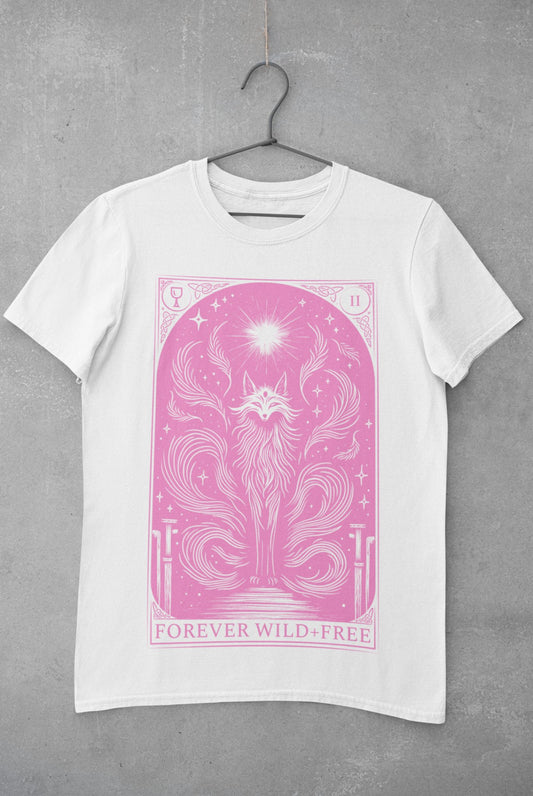 Celestial Nine Tails Tarot Style Unisex Pink on White T - Shirt - Wild and Free Occult Art and Clothing