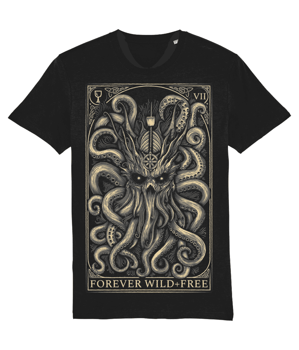 The Decorated Kraken black T Shirt front print - Wild and Free Occult Art and Clothing