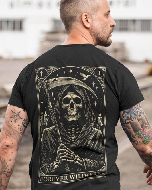 Embrace the Grim Reaper Tarot Style Back Print T - Shirt - Wild and Free Occult Art and Clothing