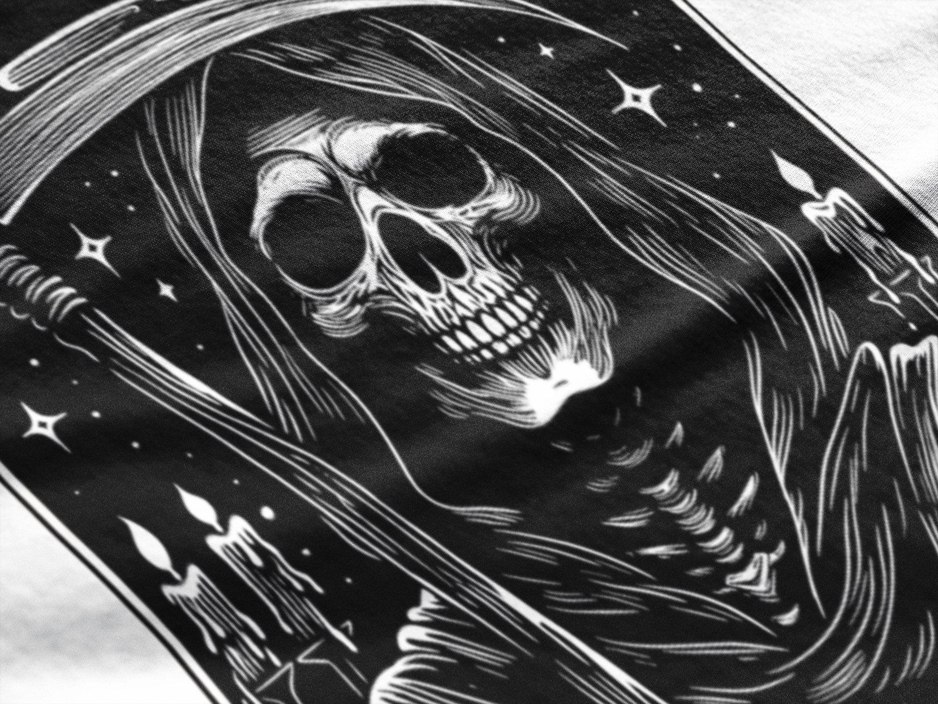 Embrace the Reaper Tarot Style Unisex Black on White T - Shirt - Wild and Free Occult Art and Clothing