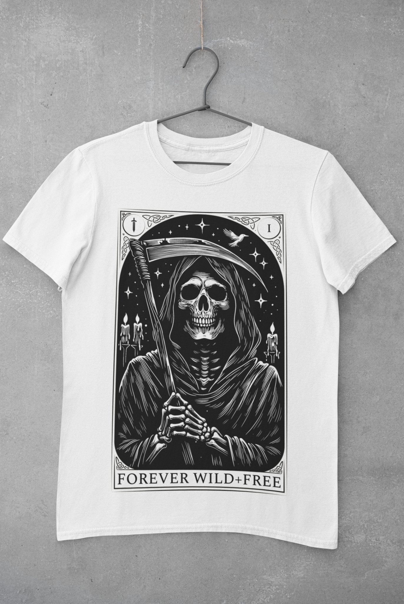 Embrace the Reaper Tarot Style Unisex Black on White T - Shirt - Wild and Free Occult Art and Clothing