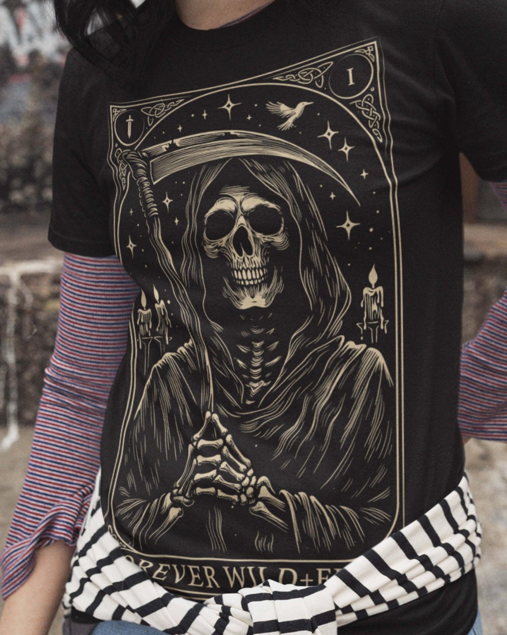 Embrace the Reaper Tarot Style Unisex Black T - Shirt - Wild and Free Occult Art and Clothing