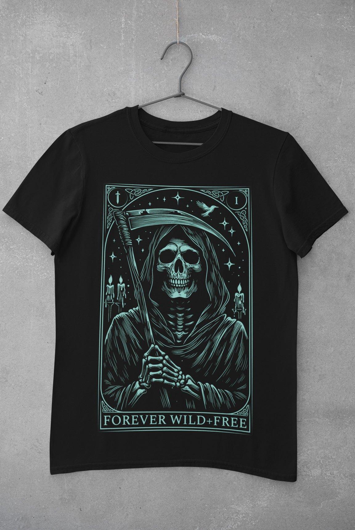 Embrace the Reaper Tarot Style Unisex Blue on Black T - Shirt - Wild and Free Occult Art and Clothing