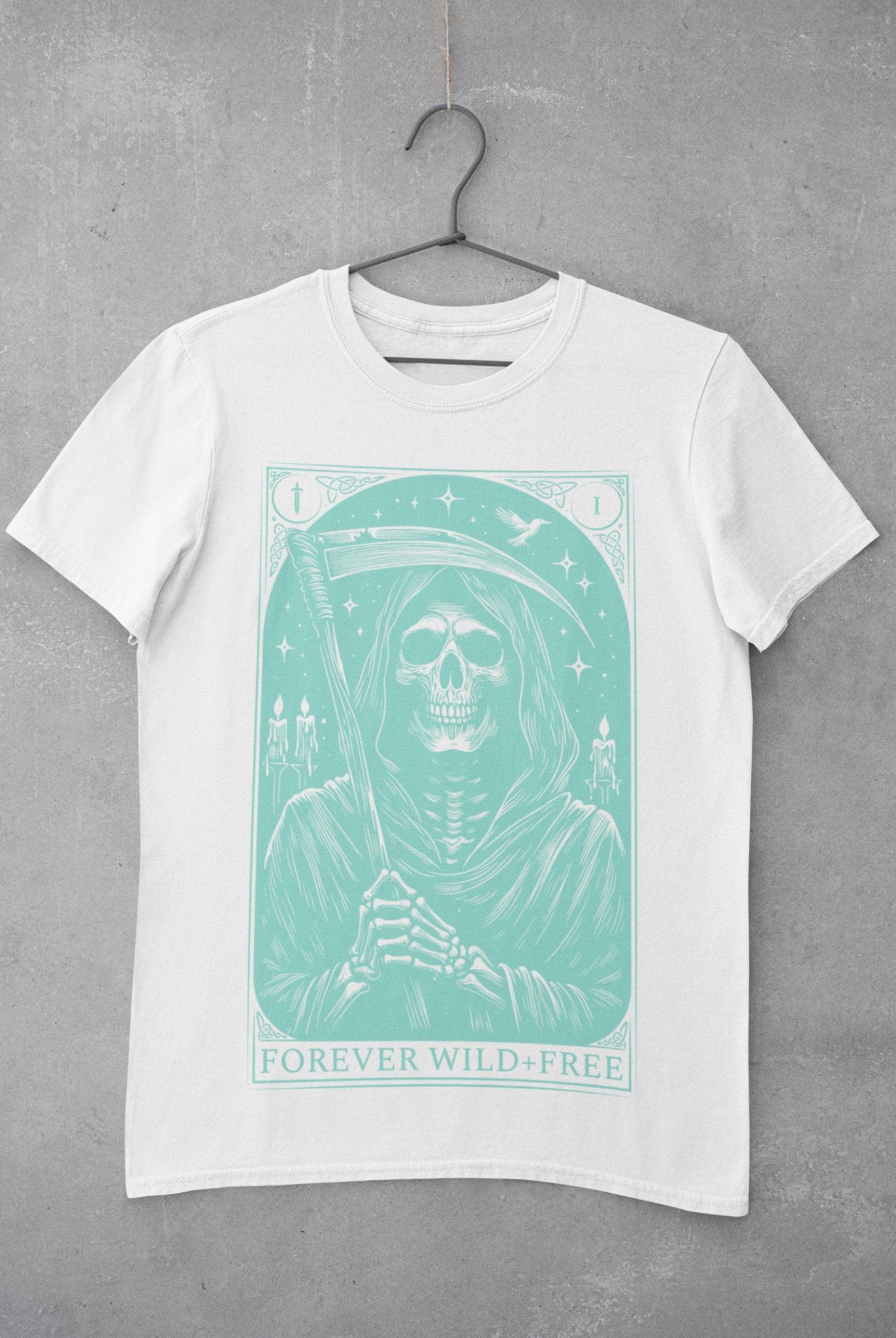 Embrace the Reaper Tarot Style Unisex Blue on White T - Shirt - Wild and Free Occult Art and Clothing