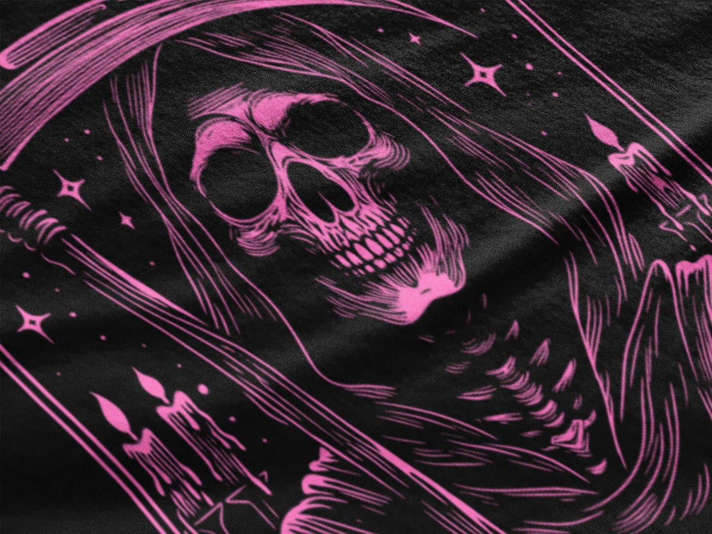 Embrace the Reaper Tarot Style Unisex Pink on Black T - Shirt - Wild and Free Occult Art and Clothing