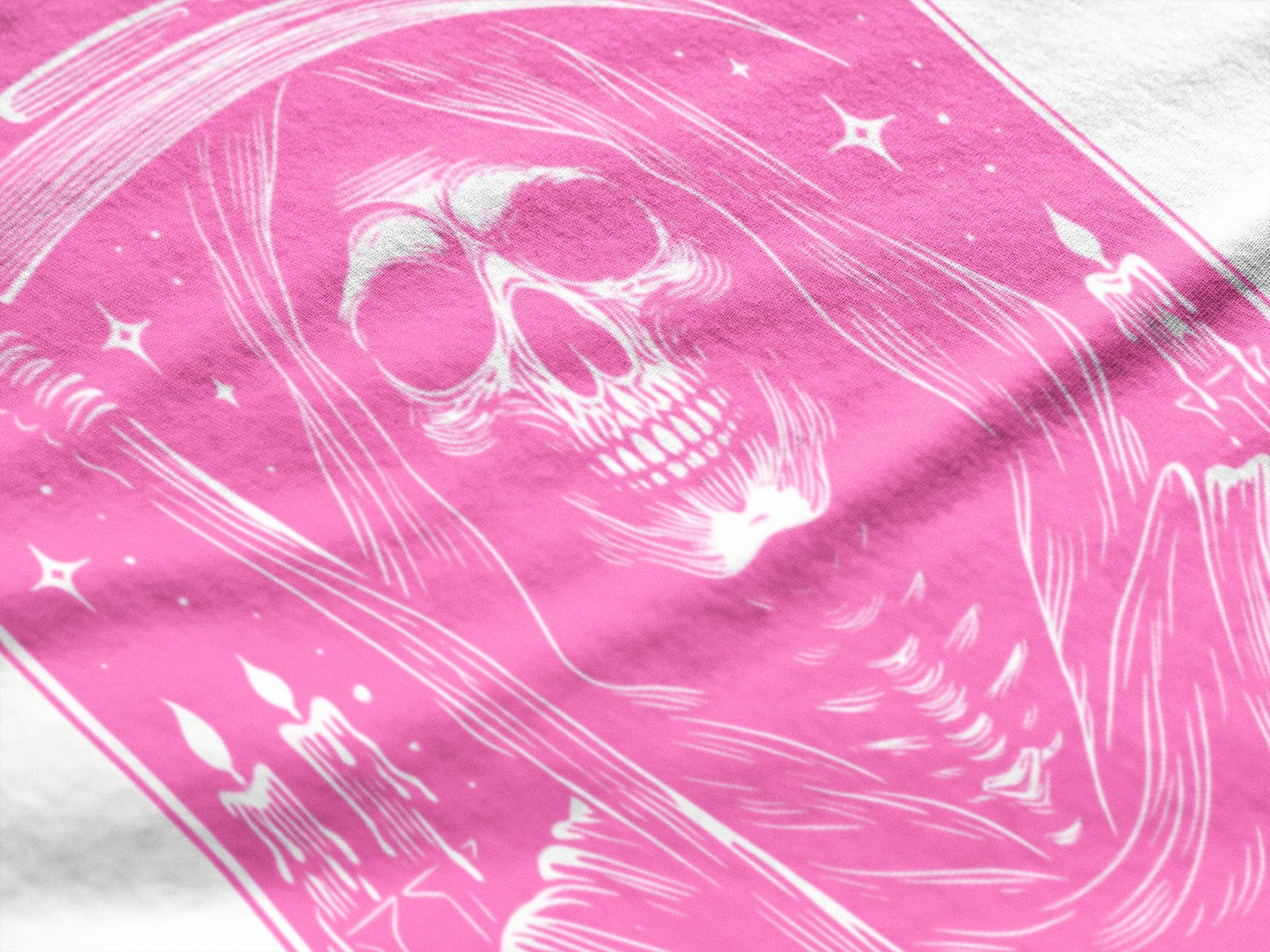 Embrace the Reaper Tarot Style Unisex Pink on White T - Shirt - Wild and Free Occult Art and Clothing