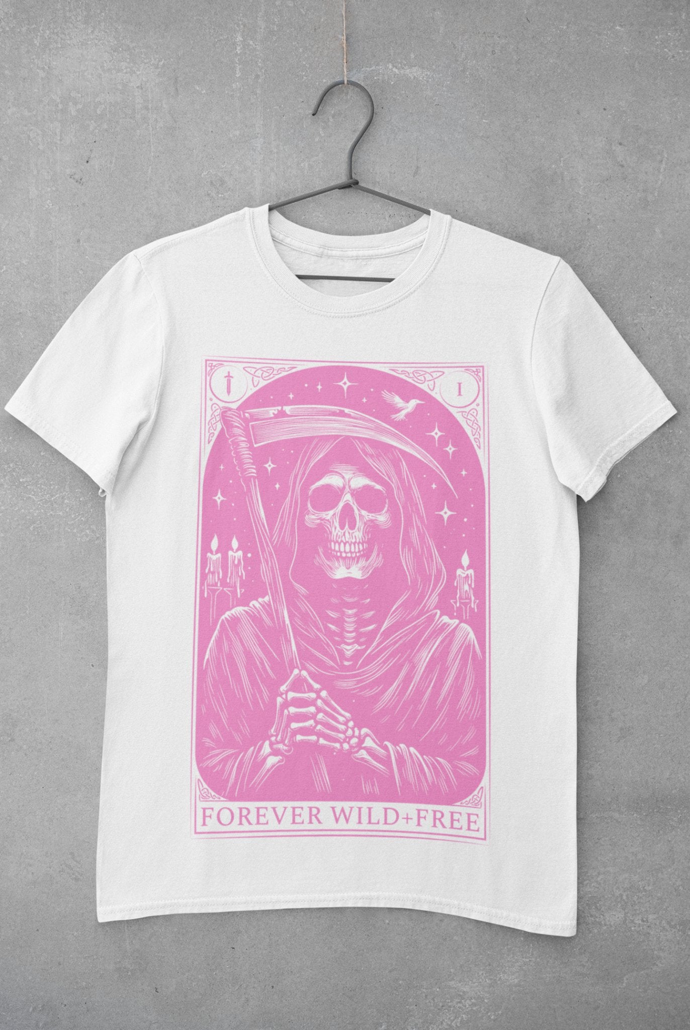 Embrace the Reaper Tarot Style Unisex Pink on White T - Shirt - Wild and Free Occult Art and Clothing