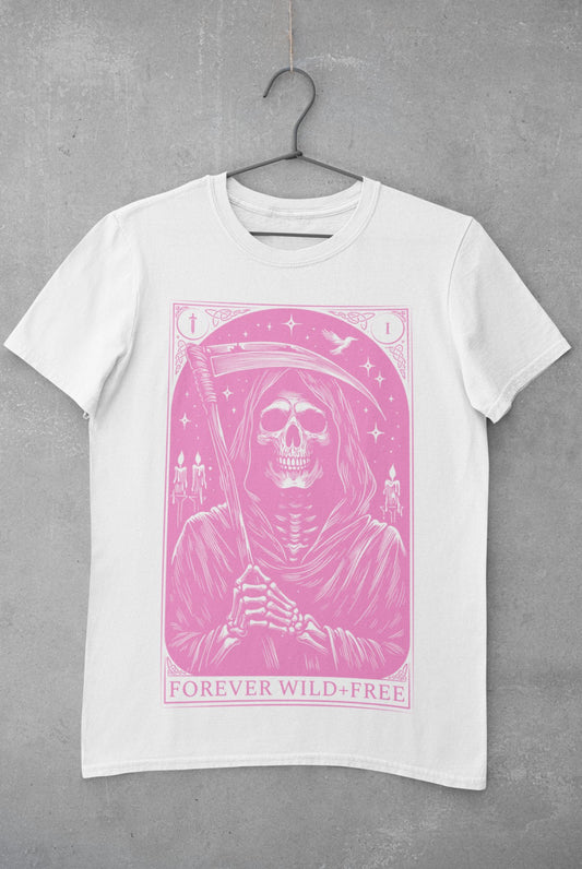 Embrace the Reaper Tarot Style Unisex Pink on White T - Shirt - Wild and Free Occult Art and Clothing