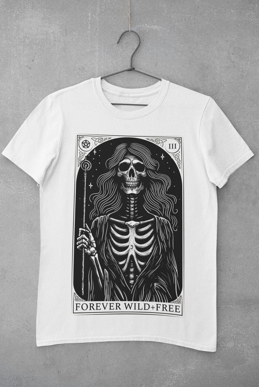 Enchantment of the Witch Tarot Style Back Print Unisex Black on White T - Shirt - Wild and Free Occult Art and Clothing