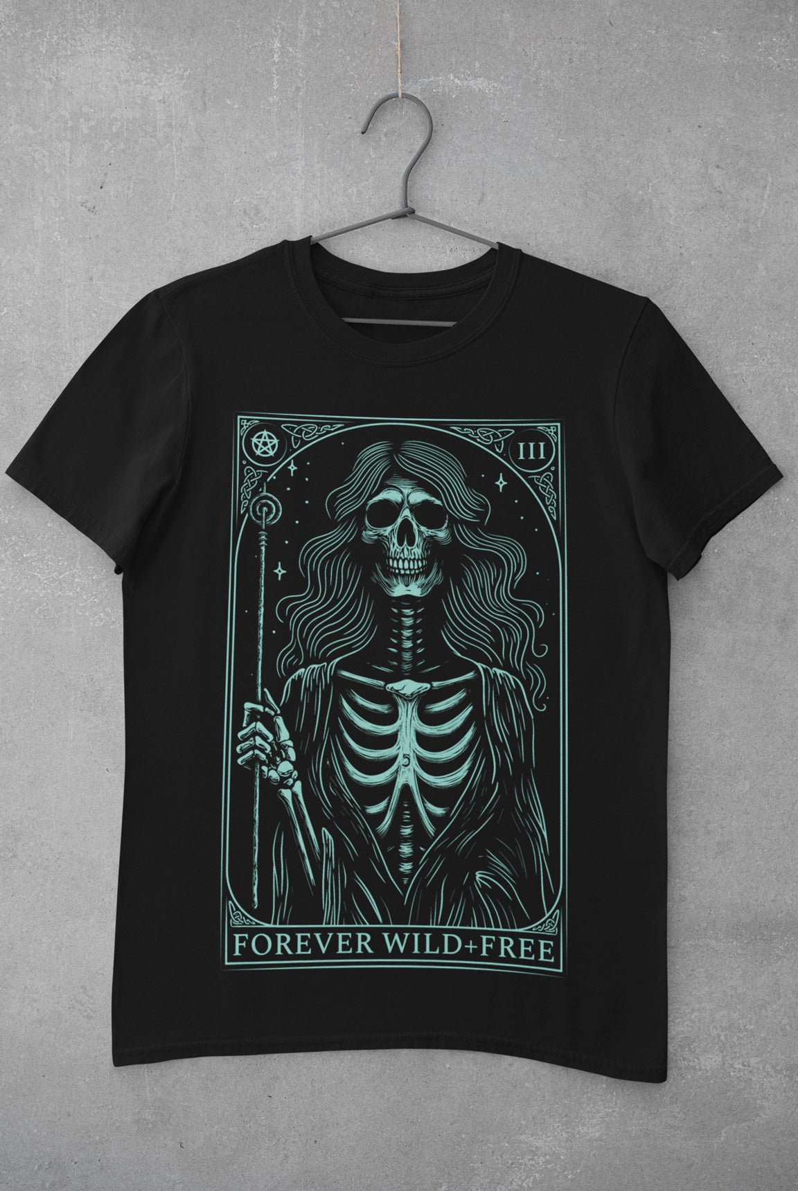 Enchantment of the Witch Tarot Style Back Print Unisex Blue on Black T - Shirt - Wild and Free Occult Art and Clothing