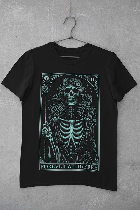 Enchantment of the Witch Tarot Style Back Print Unisex Blue on Black T - Shirt - Wild and Free Occult Art and Clothing