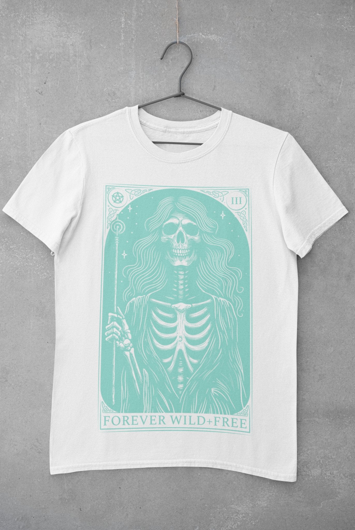 Enchantment of the Witch Tarot Style Back Print Unisex Blue on White T - Shirt - Wild and Free Occult Art and Clothing