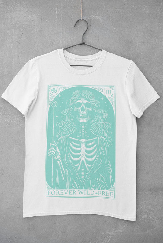 Enchantment of the Witch Tarot Style Back Print Unisex Blue on White T - Shirt - Wild and Free Occult Art and Clothing