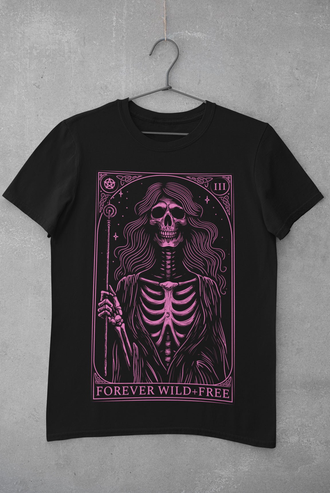 Enchantment of the Witch Tarot Style Back Print Unisex Pink on Black T - Shirt - Wild and Free Occult Art and Clothing