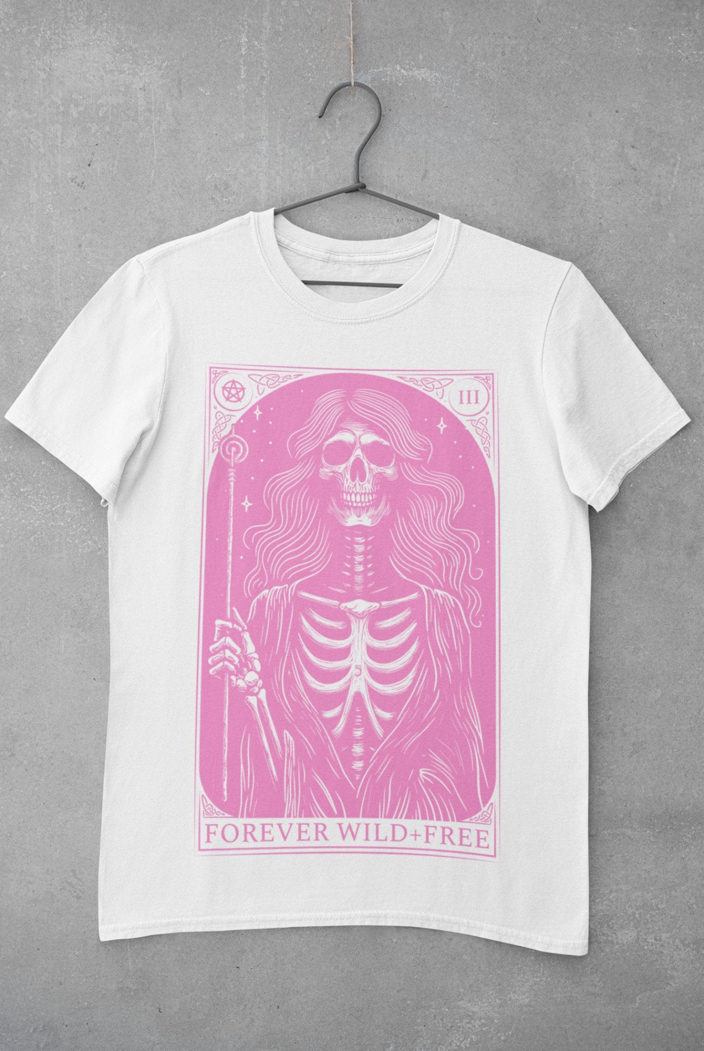 Enchantment of the Witch Tarot Style Back Print Unisex Pink on White T - Shirt - Wild and Free Occult Art and Clothing