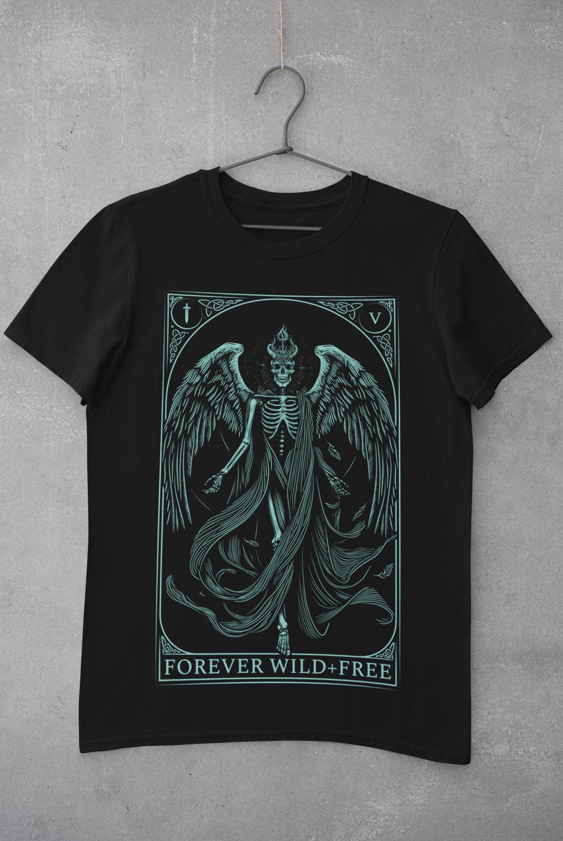 The Fallen Tarot Style Unisex Blue on Black T-Shirt - Wild and Free Occult Art and Clothing