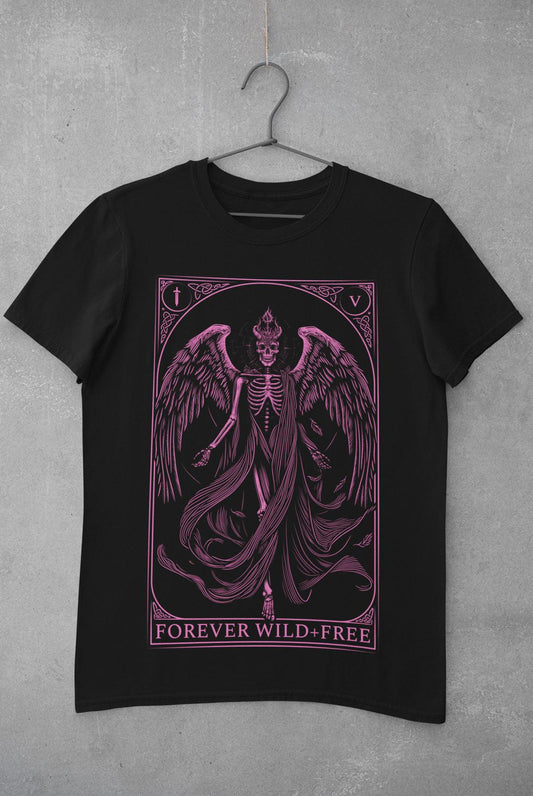 The Fallen Tarot Style Unisex Pink on Black T-Shirt - Wild and Free Occult Art and Clothing