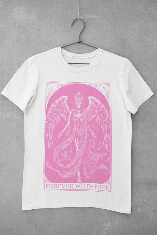 The Fallen Tarot Style Unisex Pink on White T-Shirt - Wild and Free Occult Art and Clothing