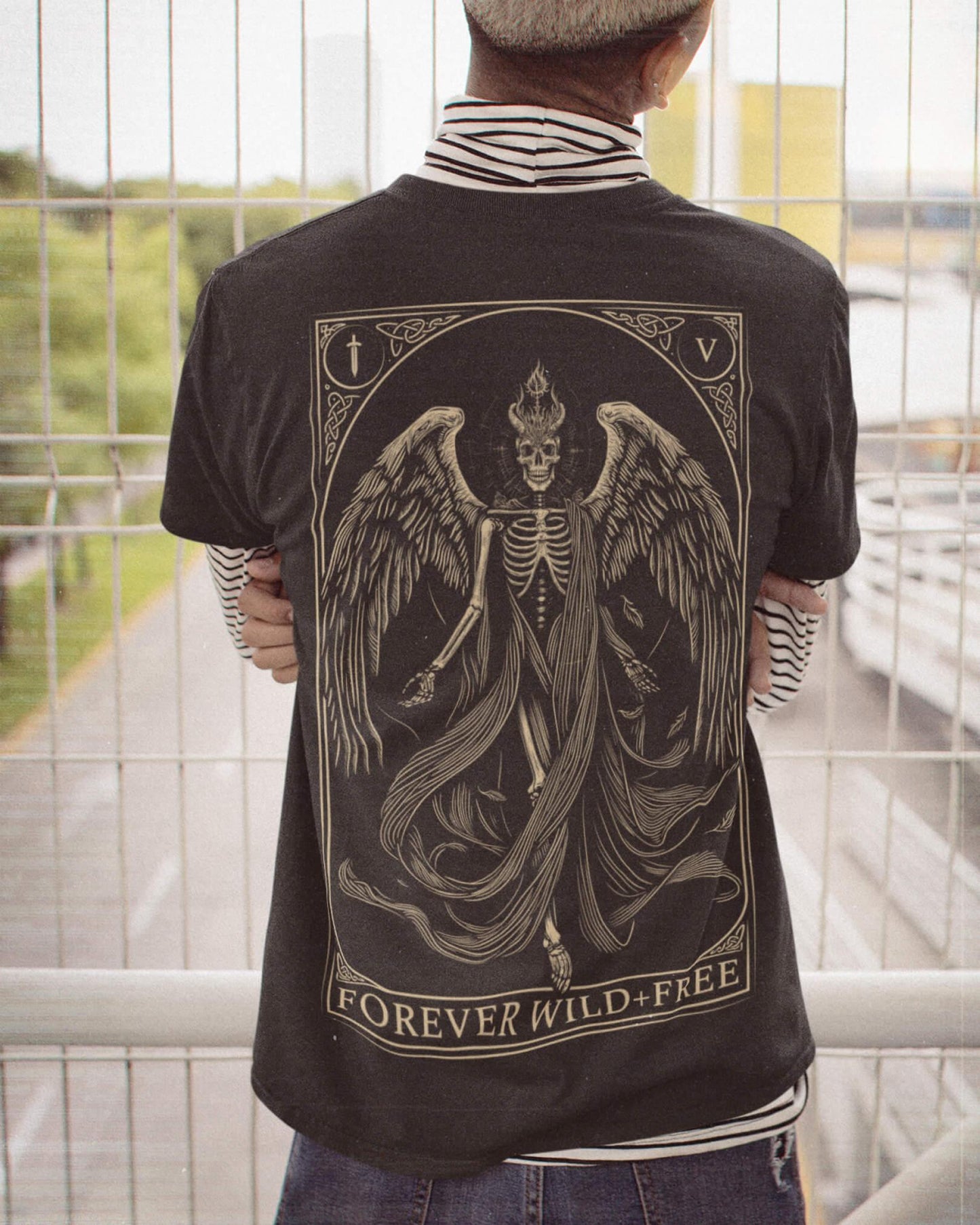 The Fallen Tarot Style Back Print Black T-Shirt - Wild and Free Occult Art and Clothing