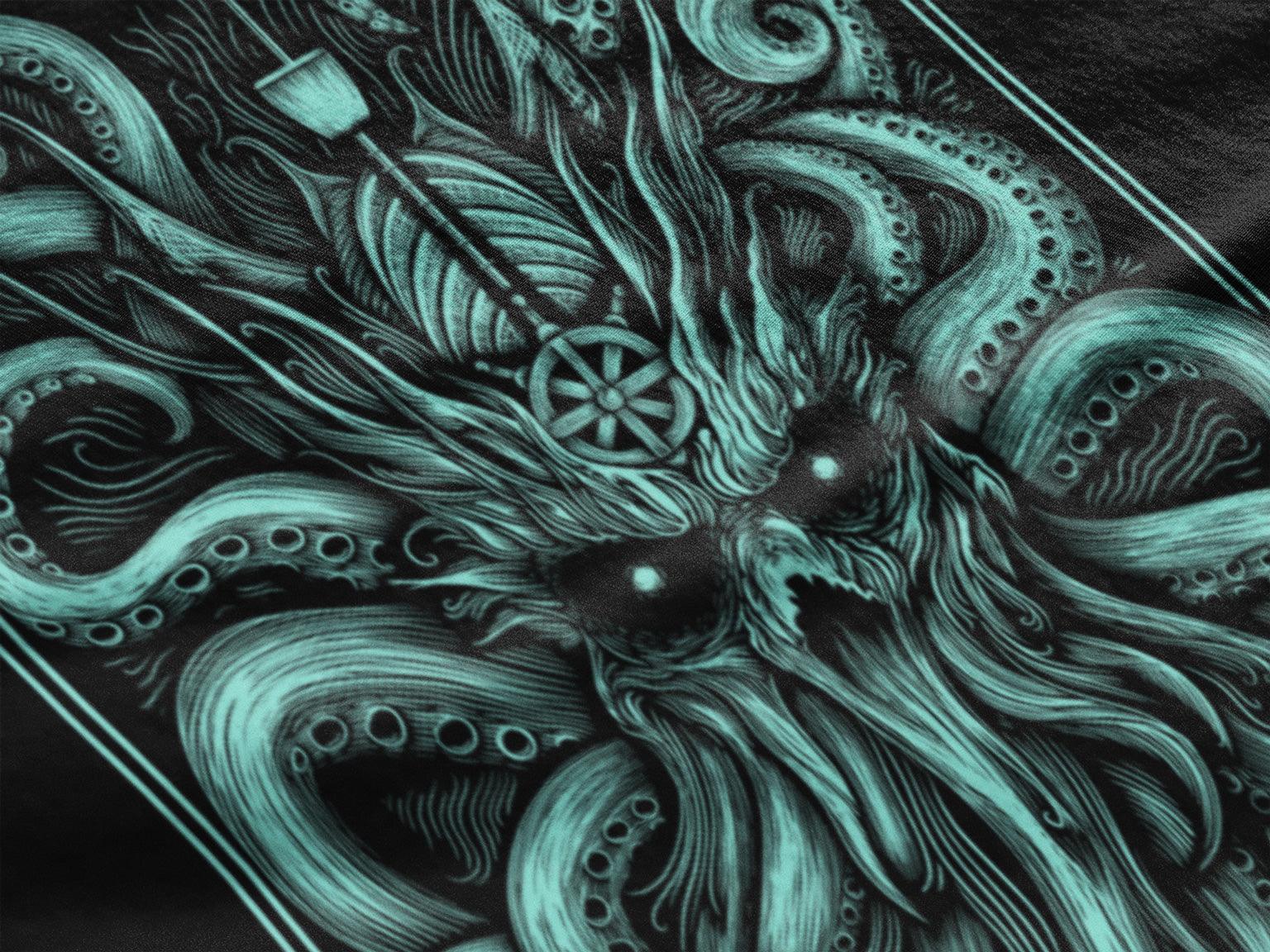 The Decorated Kraken blue on black T Shirt front print - Wild and Free Occult Art and Clothing